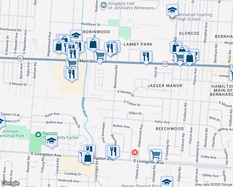 map of restaurants, bars, coffee shops, grocery stores, and more near 1010 Beechwood Road in Columbus