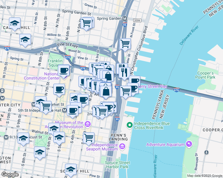 map of restaurants, bars, coffee shops, grocery stores, and more near 122 Elfreth's Alley in Philadelphia
