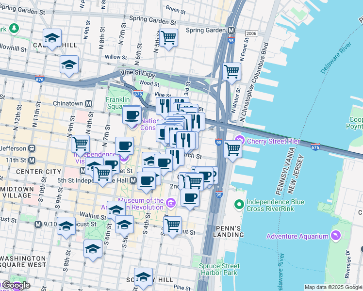 map of restaurants, bars, coffee shops, grocery stores, and more near 119 North 3rd Street in Philadelphia