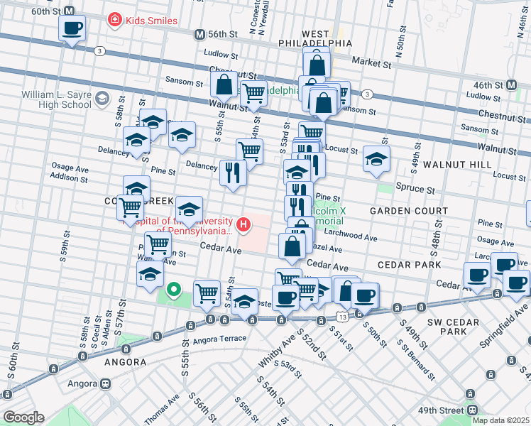 map of restaurants, bars, coffee shops, grocery stores, and more near 5312 Addison Street in Philadelphia