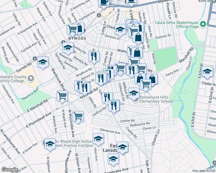 map of restaurants, bars, coffee shops, grocery stores, and more near 421 Grace Road in Delaware County