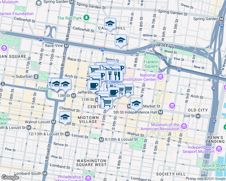 map of restaurants, bars, coffee shops, grocery stores, and more near 917 Filbert Street in Philadelphia