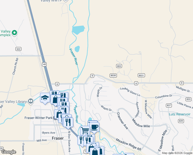 map of restaurants, bars, coffee shops, grocery stores, and more near 200 Fox Run Lane in Fraser