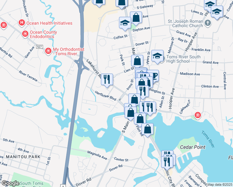 map of restaurants, bars, coffee shops, grocery stores, and more near 130 West Water Street in Toms River