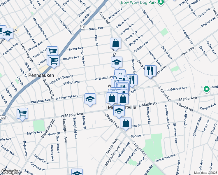 map of restaurants, bars, coffee shops, grocery stores, and more near 35 West Chestnut Avenue in Pennsauken Township