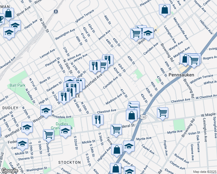 map of restaurants, bars, coffee shops, grocery stores, and more near 2213 39th Street in Pennsauken Township