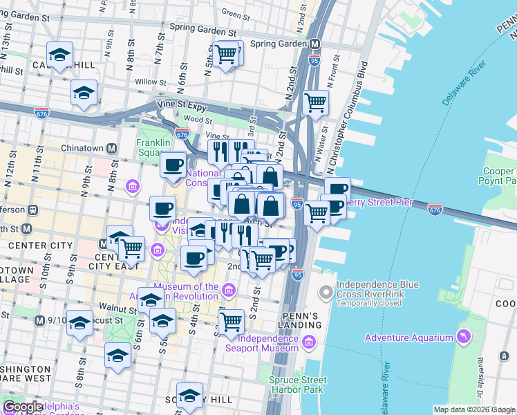 map of restaurants, bars, coffee shops, grocery stores, and more near 105 North Bread Street in Philadelphia