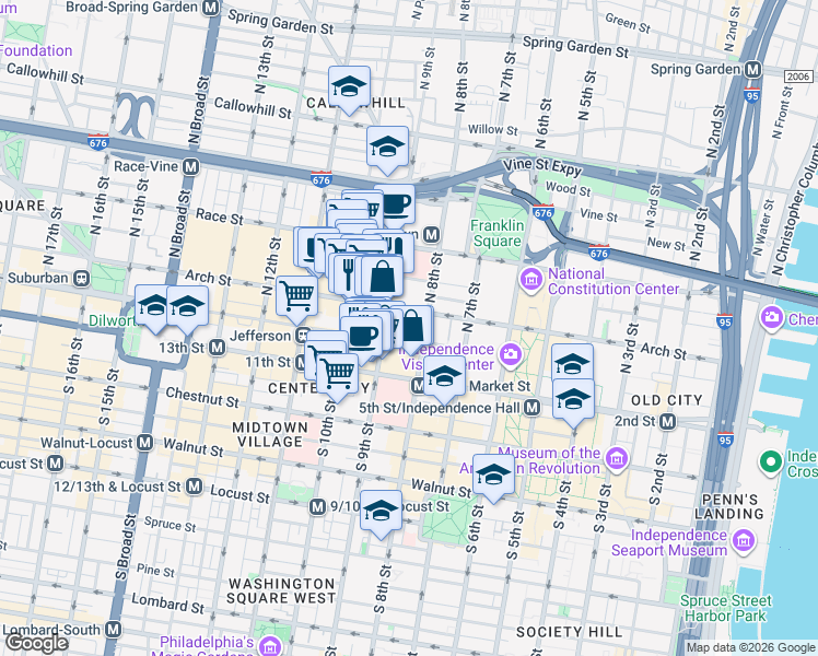 map of restaurants, bars, coffee shops, grocery stores, and more near in Philadelphia