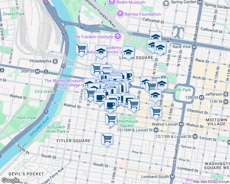 map of restaurants, bars, coffee shops, grocery stores, and more near 2011 Chestnut Street in Philadelphia