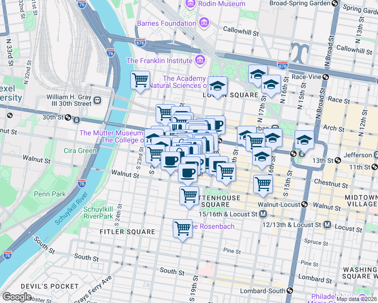 map of restaurants, bars, coffee shops, grocery stores, and more near 2011 Chestnut Street in Philadelphia