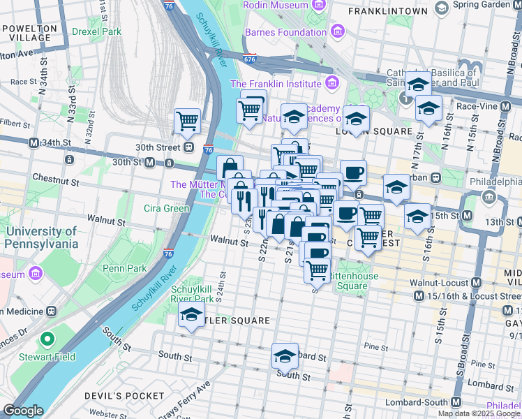 map of restaurants, bars, coffee shops, grocery stores, and more near 25 South Van Pelt Street in Philadelphia