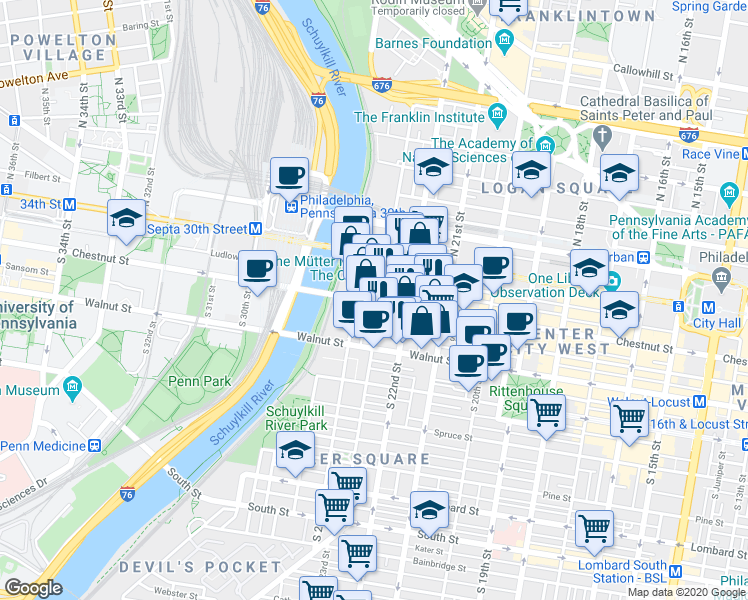 map of restaurants, bars, coffee shops, grocery stores, and more near 2300 Chestnut Street in Philadelphia