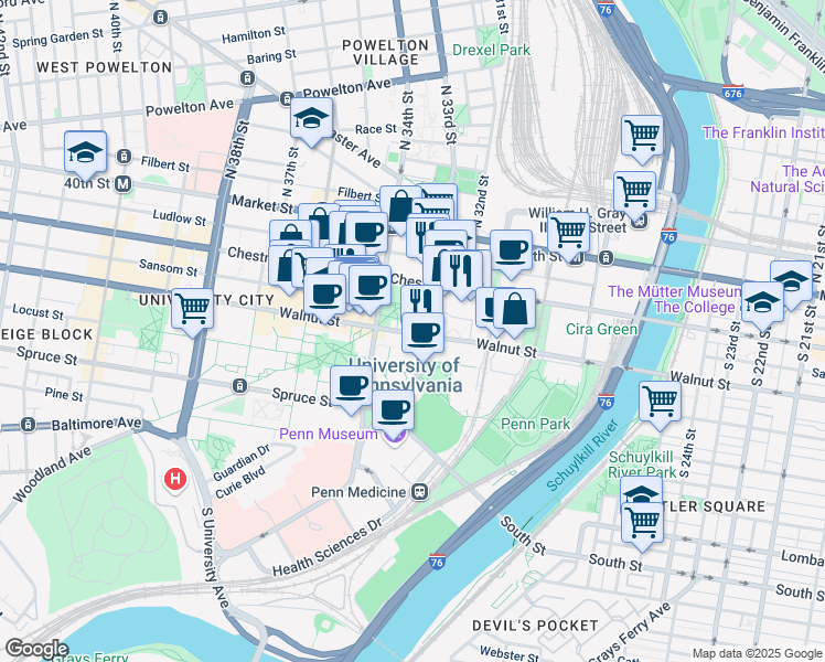 map of restaurants, bars, coffee shops, grocery stores, and more near 200 South 33rd Street in Philadelphia