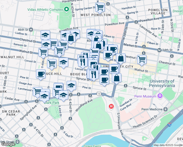 map of restaurants, bars, coffee shops, grocery stores, and more near 4000 Irving Street in Philadelphia