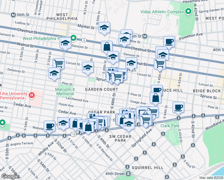 map of restaurants, bars, coffee shops, grocery stores, and more near 4800 Pine Street in Philadelphia
