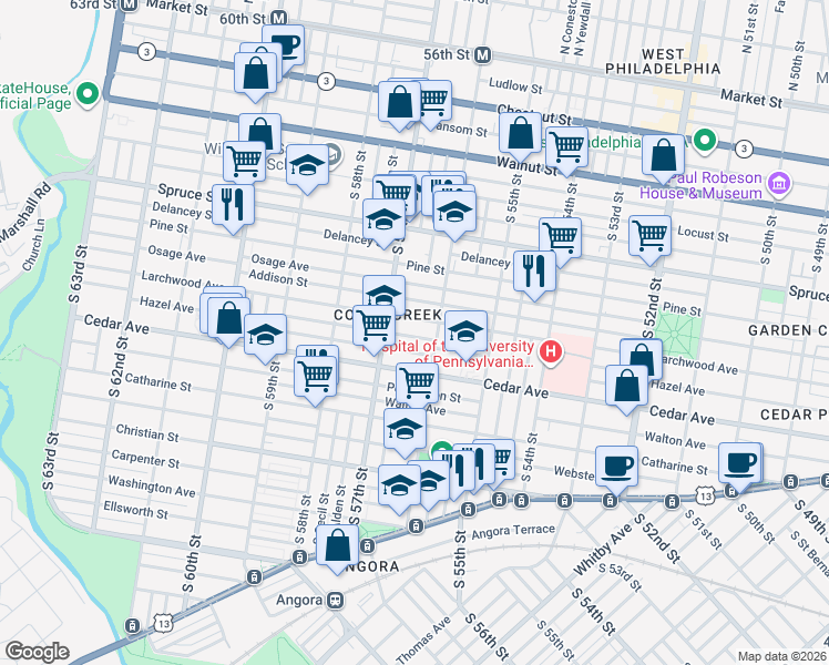 map of restaurants, bars, coffee shops, grocery stores, and more near 5624 Hazel Avenue in Philadelphia