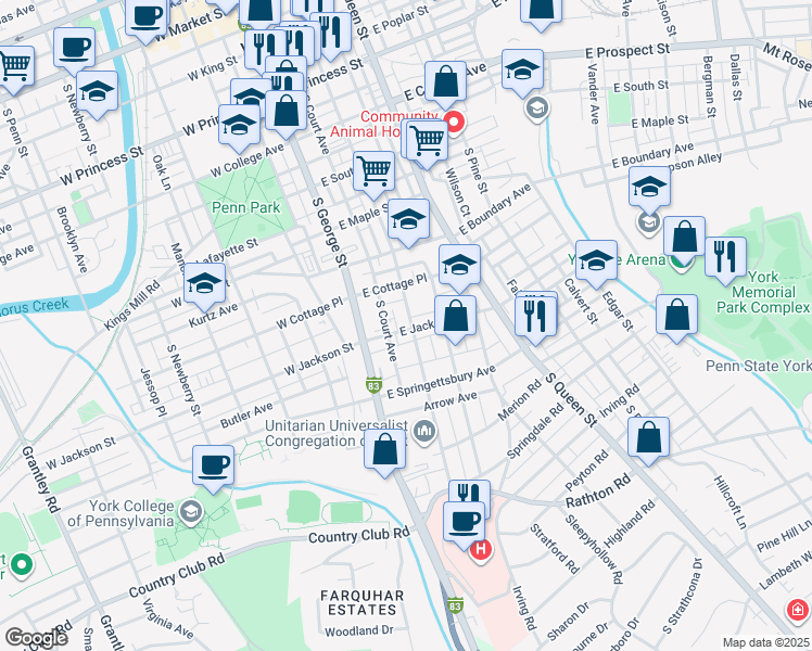 map of restaurants, bars, coffee shops, grocery stores, and more near 104 East Jackson Street in York