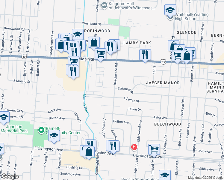 map of restaurants, bars, coffee shops, grocery stores, and more near 1010 Beechwood Road in Columbus