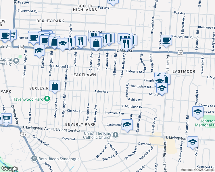 map of restaurants, bars, coffee shops, grocery stores, and more near 863 Kenwick Road in Columbus