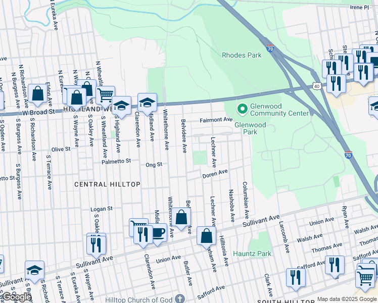 map of restaurants, bars, coffee shops, grocery stores, and more near 160 Belvidere Avenue in Columbus