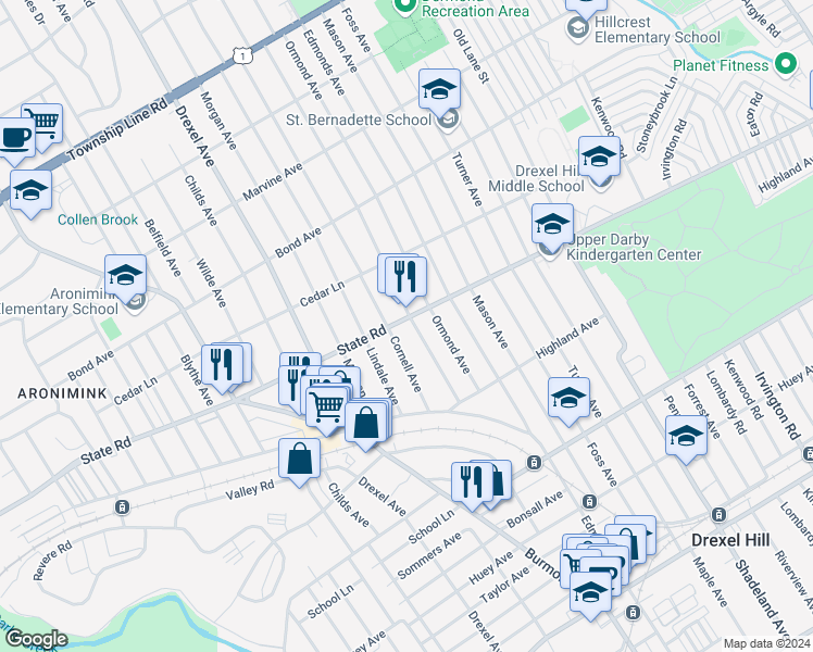 map of restaurants, bars, coffee shops, grocery stores, and more near 3900 State Road in Drexel Hill