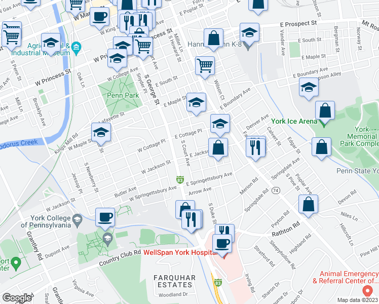 map of restaurants, bars, coffee shops, grocery stores, and more near 35 East Jackson Street in York