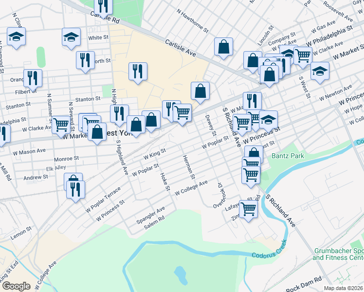 map of restaurants, bars, coffee shops, grocery stores, and more near 117 Herman Street in West York