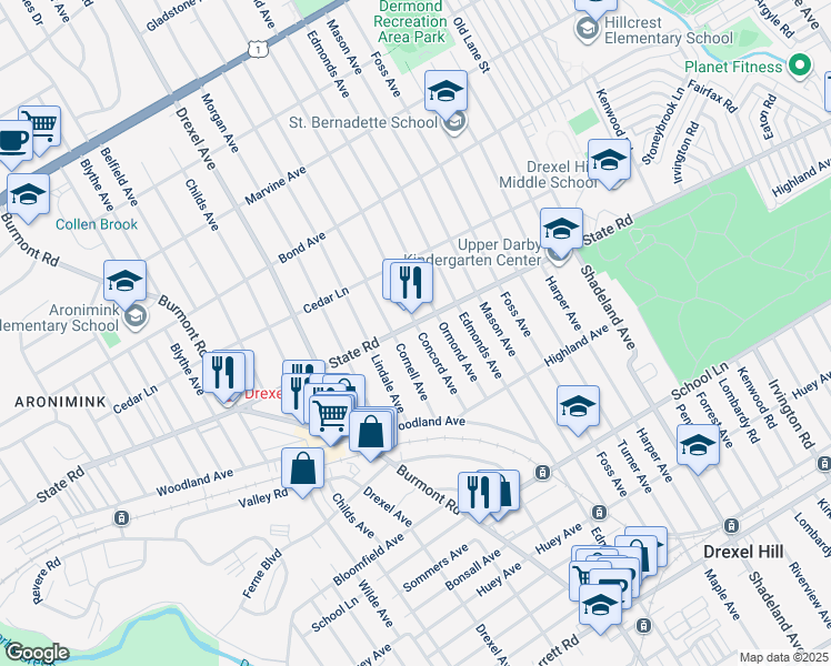 map of restaurants, bars, coffee shops, grocery stores, and more near 3900 State Road in Drexel Hill