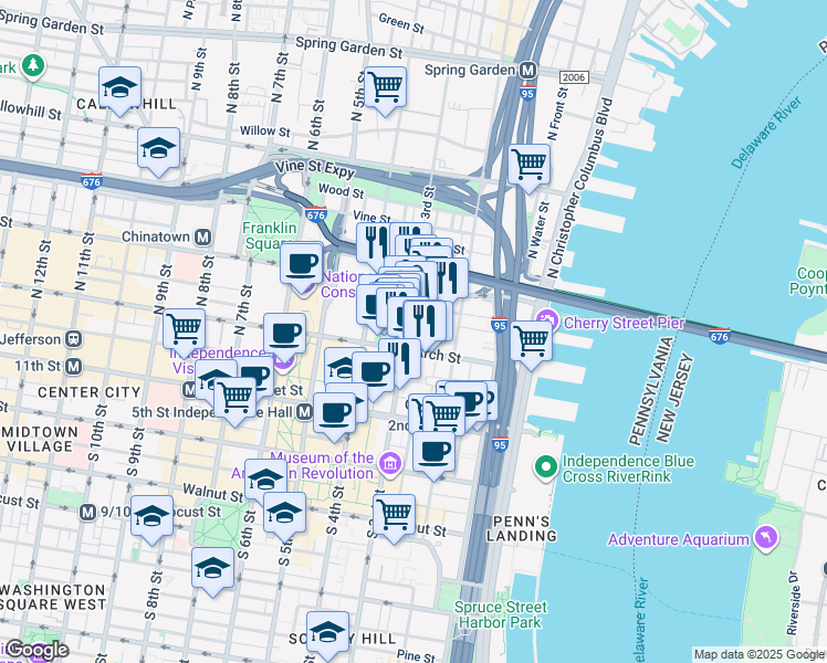 map of restaurants, bars, coffee shops, grocery stores, and more near 119 North 3rd Street in Philadelphia