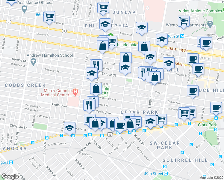 map of restaurants, bars, coffee shops, grocery stores, and more near 417 South 51st Street in Philadelphia