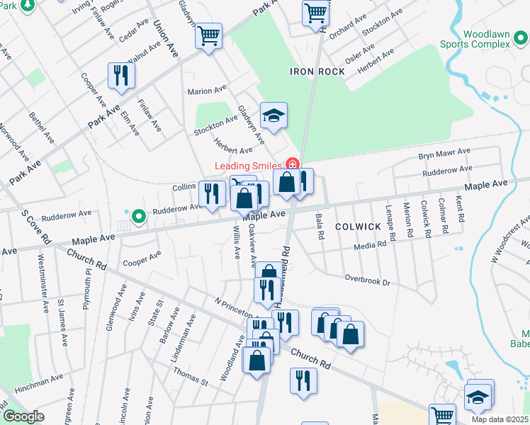 map of restaurants, bars, coffee shops, grocery stores, and more near 7675 Manor Avenue in Pennsauken Township
