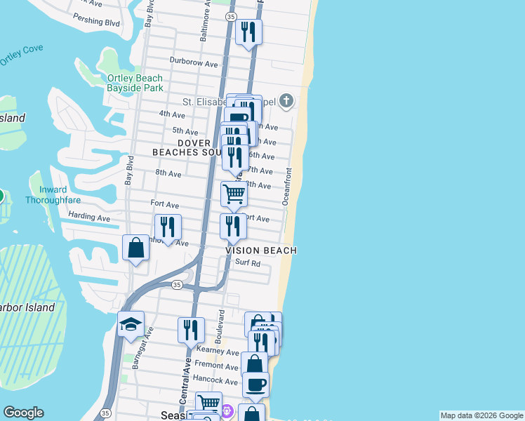map of restaurants, bars, coffee shops, grocery stores, and more near 36 Fort Avenue in Seaside Heights
