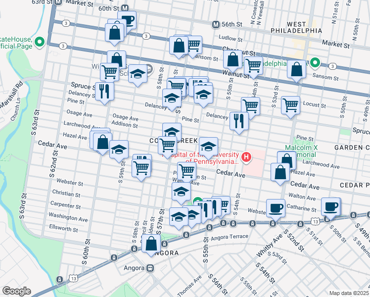 map of restaurants, bars, coffee shops, grocery stores, and more near 5624 Hazel Avenue in Philadelphia