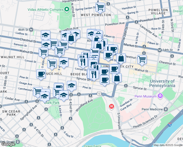 map of restaurants, bars, coffee shops, grocery stores, and more near 240 South 40th Street in Philadelphia