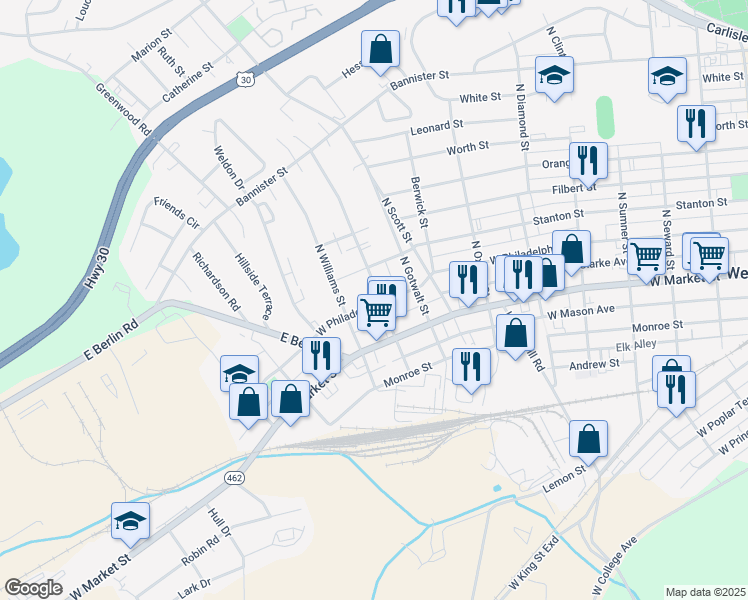 map of restaurants, bars, coffee shops, grocery stores, and more near 100 North Forrest Street in York