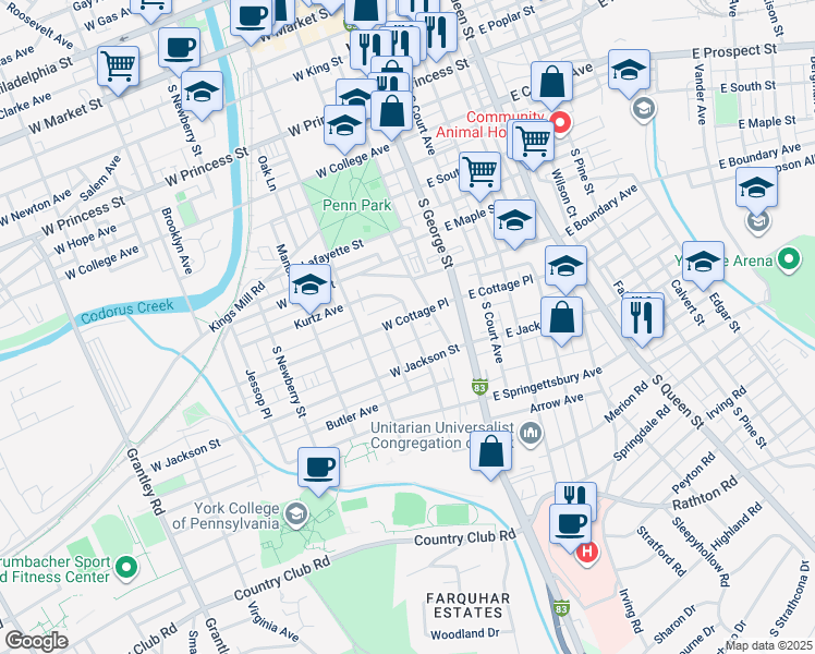 map of restaurants, bars, coffee shops, grocery stores, and more near 100 West Cottage Place in York