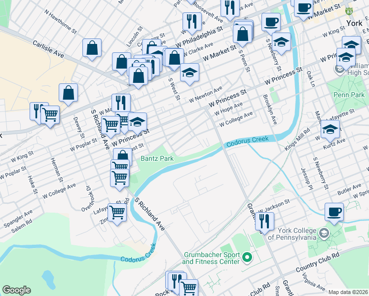 map of restaurants, bars, coffee shops, grocery stores, and more near 604 West College Avenue in York
