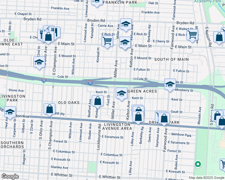 map of restaurants, bars, coffee shops, grocery stores, and more near 680 Ford Street in Columbus