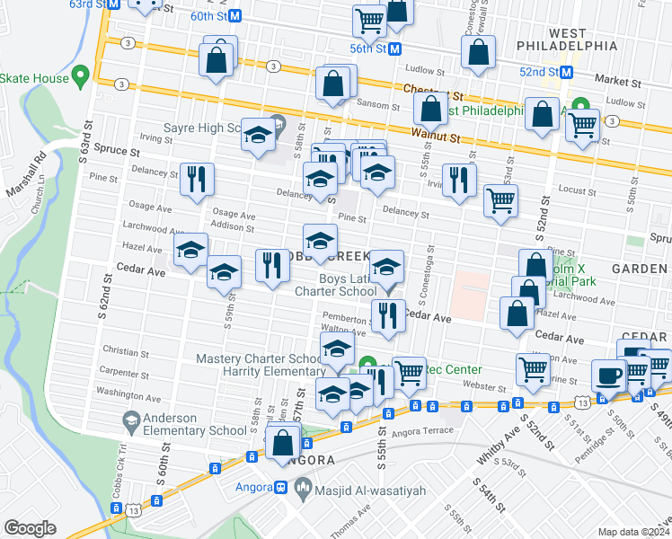 map of restaurants, bars, coffee shops, grocery stores, and more near 5643 Hazel Avenue in Philadelphia