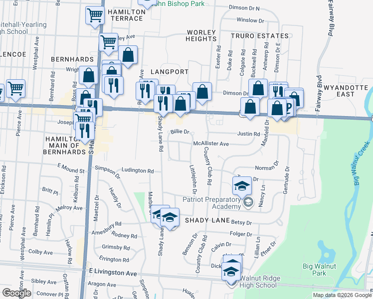 map of restaurants, bars, coffee shops, grocery stores, and more near 1149 Billie Drive in Columbus