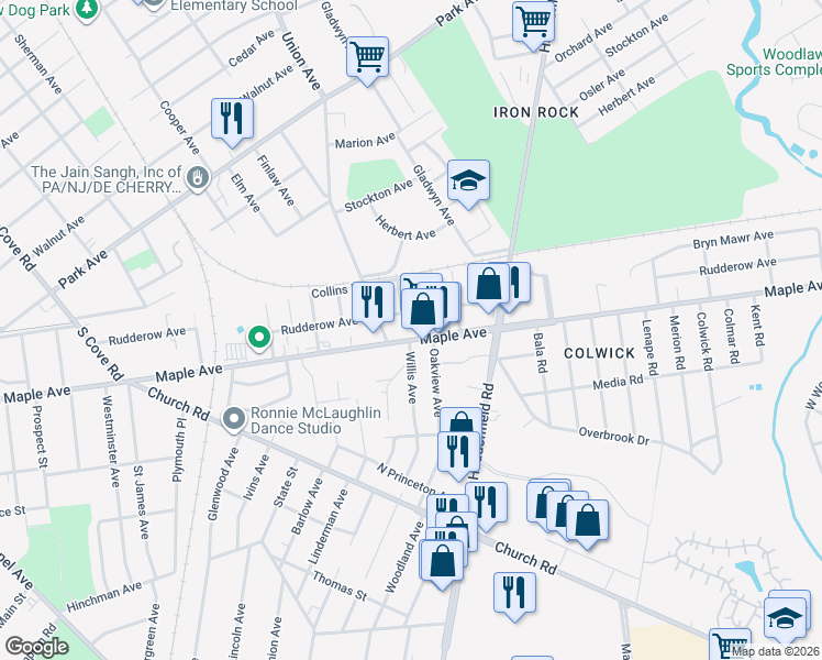 map of restaurants, bars, coffee shops, grocery stores, and more near 7602 Maple Avenue in Pennsauken Township