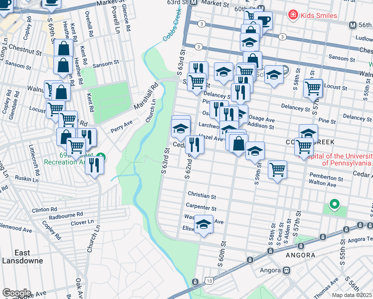 map of restaurants, bars, coffee shops, grocery stores, and more near 6210 Cedar Avenue in Philadelphia