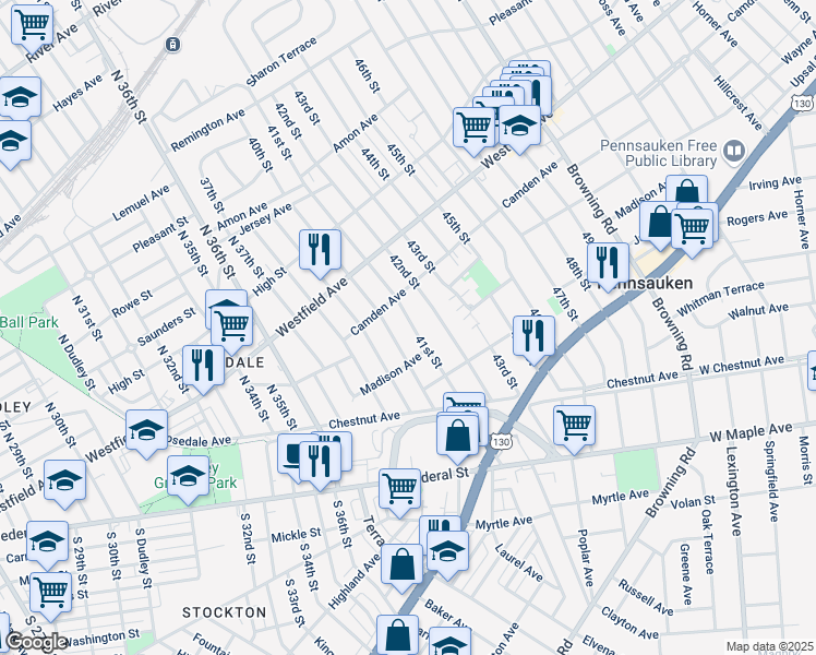 map of restaurants, bars, coffee shops, grocery stores, and more near 2243 41st Street in Pennsauken Township