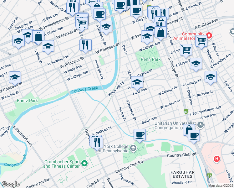 map of restaurants, bars, coffee shops, grocery stores, and more near 332 West Maple Street in York