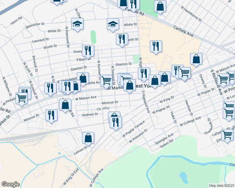 map of restaurants, bars, coffee shops, grocery stores, and more near 1543 West Mason Avenue in West York