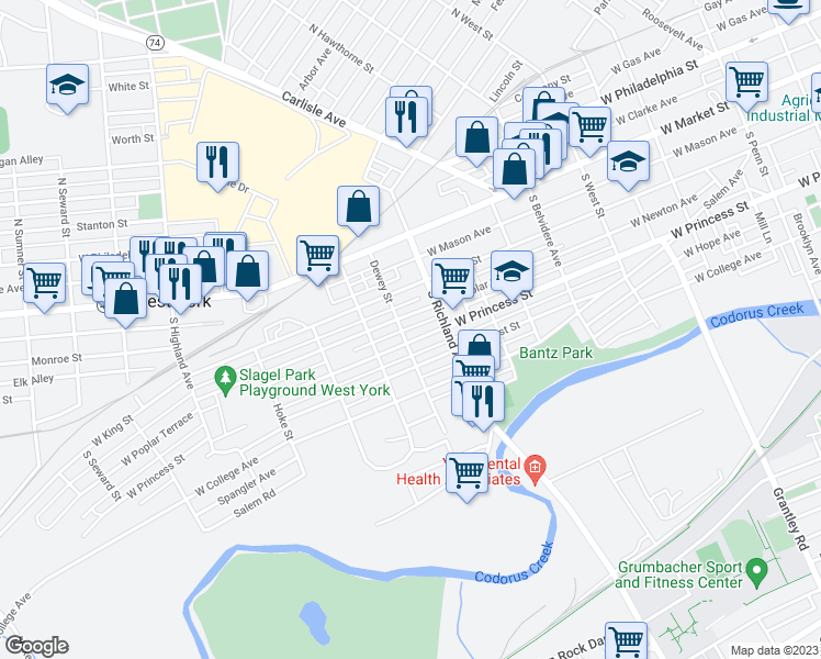 map of restaurants, bars, coffee shops, grocery stores, and more near 1035 West Princess Street in York