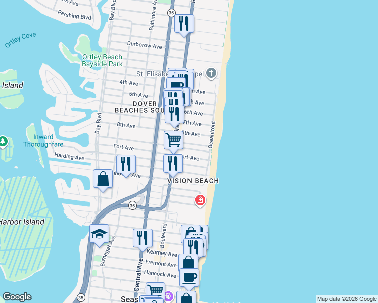 map of restaurants, bars, coffee shops, grocery stores, and more near 36 Fort Avenue in Seaside Heights