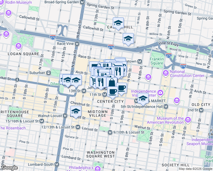 map of restaurants, bars, coffee shops, grocery stores, and more near Filbert Street in Philadelphia