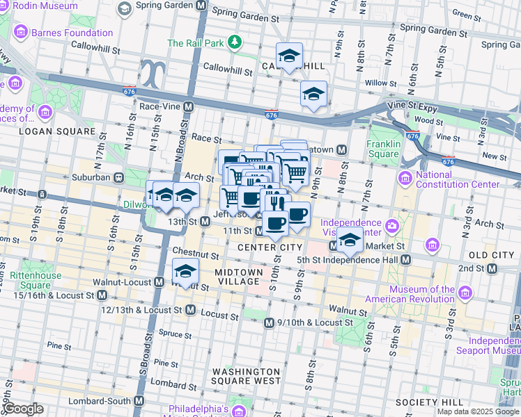 map of restaurants, bars, coffee shops, grocery stores, and more near Filbert Street in Philadelphia