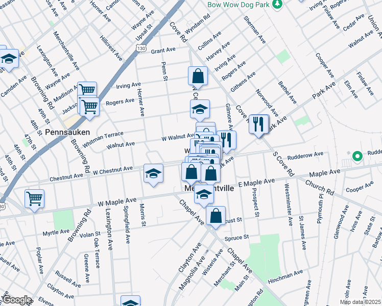 map of restaurants, bars, coffee shops, grocery stores, and more near 5 West Chestnut Avenue in Merchantville